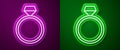 Glowing neon line Diamond engagement ring icon isolated on purple and green background. Vector Royalty Free Stock Photo