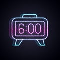 Glowing neon line Digital alarm clock icon isolated on black background. Electronic watch alarm clock. Time icon. Vector Royalty Free Stock Photo