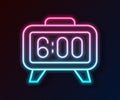 Glowing neon line Digital alarm clock icon isolated on black background. Electronic watch alarm clock. Time icon. Vector Royalty Free Stock Photo