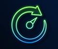 Glowing neon line Digital speed meter icon isolated on blue background. Global network high speed connection data rate