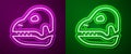 Glowing neon line Dinosaur skull icon isolated on purple and green background. Vector