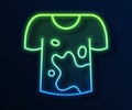 Glowing neon line Dirty t-shirt icon isolated on blue background. Vector
