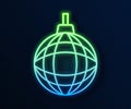 Glowing neon line Disco ball icon isolated on blue background. Vector