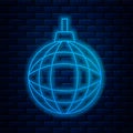 Glowing neon line Disco ball icon isolated on brick wall background. Vector