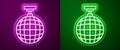 Glowing neon line Disco ball icon isolated on purple and green background. Vector Royalty Free Stock Photo