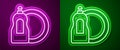 Glowing neon line Dishwashing liquid bottle and plate icon isolated on purple and green background. Liquid detergent for Royalty Free Stock Photo