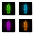 Glowing neon line Diving knife icon isolated on white background. Black square button. Vector