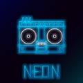 Glowing neon line DJ remote for playing and mixing music icon isolated on black background. DJ mixer complete with vinyl Royalty Free Stock Photo