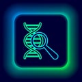 Glowing neon line DNA research, search icon isolated on black background. Magnifying glass and dna chain. Genetic Royalty Free Stock Photo