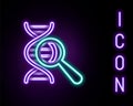 Glowing neon line DNA research, search icon isolated on black background. Magnifying glass and dna chain. Genetic Royalty Free Stock Photo