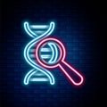 Glowing neon line DNA research, search icon isolated on brick wall background. Magnifying glass and dna chain. Genetic Royalty Free Stock Photo