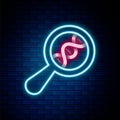 Glowing neon line DNA research, search icon isolated on brick wall background. Magnifying glass and dna chain. Genetic Royalty Free Stock Photo