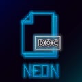 Glowing neon line DOC file document. Download doc button icon isolated on black background. DOC file extension symbol Royalty Free Stock Photo