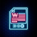 Glowing neon line DOC file document. Download doc button icon isolated on brick wall background. DOC file extension