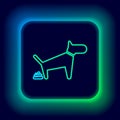 Glowing neon line Dog pooping icon isolated on black background. Dog goes to the toilet. Dog defecates. The concept of Royalty Free Stock Photo