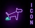 Glowing neon line Dog pooping icon isolated on black background. Dog goes to the toilet. Dog defecates. The concept of