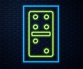 Glowing neon line Domino icon isolated on brick wall background. Vector Illustration