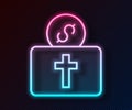 Glowing neon line Donation for church icon isolated on black background. Vector