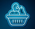 Glowing neon line Donation food box icon isolated on blue background. Vector