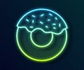 Glowing neon line Donut with sweet glaze icon isolated on black background. Vector