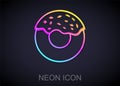 Glowing neon line Donut with sweet glaze icon isolated on black background. Vector