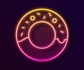 Glowing neon line Donut with sweet glaze icon isolated on black background. Vector Illustration