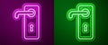 Glowing neon line Door handle icon isolated on purple and green background. Door lock sign. Vector Illustration