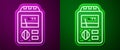 Glowing neon line Dosimeter for measuring radiation icon isolated on purple and green background. Gamma radiation