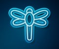 Glowing neon line Dragonfly icon isolated on blue background. Vector