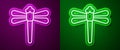 Glowing neon line Dragonfly icon isolated on purple and green background. Vector