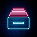 Glowing neon line Drawer with documents icon isolated on brick wall background. Archive papers drawer. File Cabinet