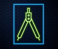 Glowing neon line Drawing compass icon isolated on brick wall background. Compasses sign. Drawing and educational tools Royalty Free Stock Photo