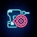 Glowing neon line Drill machine and gear icon isolated on brick wall background. Adjusting app, service concept, setting