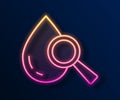 Glowing neon line Drop and magnifying glass icon isolated on black background. Vector