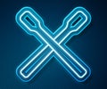 Glowing neon line Drum sticks icon isolated on blue background. Musical instrument. Vector Royalty Free Stock Photo