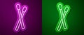 Glowing neon line Drum sticks icon isolated on purple and green background. Musical instrument. Vector Royalty Free Stock Photo