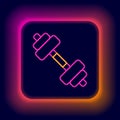 Glowing neon line Dumbbell icon isolated on black background. Muscle lifting icon, fitness barbell, gym, sports