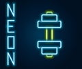 Glowing neon line Dumbbell icon isolated on black background. Muscle lifting, fitness barbell, sports equipment