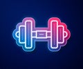 Glowing neon line Dumbbell icon isolated on blue background. Muscle lifting, fitness barbell, sports equipment. Vector