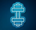 Glowing neon line Dumbbell icon isolated on blue background. Muscle lifting, fitness barbell, sports equipment. Vector