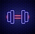 Glowing neon line Dumbbell icon isolated on brick wall background. Muscle lifting, fitness barbell, sports equipment