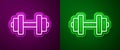 Glowing neon line Dumbbell icon isolated on purple and green background. Muscle lifting icon, fitness barbell, gym