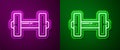 Glowing neon line Dumbbell icon isolated on purple and green background. Muscle lifting icon, fitness barbell, gym