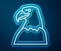 Glowing neon line Eagle head icon isolated on blue background. Animal symbol. Vector