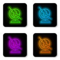 Glowing neon line Earth globe icon isolated on white background. Black square button. Vector Royalty Free Stock Photo