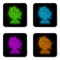 Glowing neon line Earth globe icon isolated on white background. Black square button. Vector Royalty Free Stock Photo