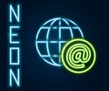 Glowing neon line Earth globe with mail and e-mail icon isolated on black background. Envelope symbol e-mail. Email Royalty Free Stock Photo