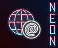 Glowing neon line Earth globe with mail and e-mail icon isolated on black background. Envelope symbol e-mail. Email Royalty Free Stock Photo