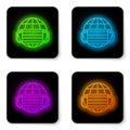 Glowing neon line Earth globe with medical mask icon isolated on white background. Black square button. Vector. Royalty Free Stock Photo