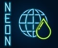 Glowing neon line Earth planet in water drop icon isolated on black background. Saving water and world environmental